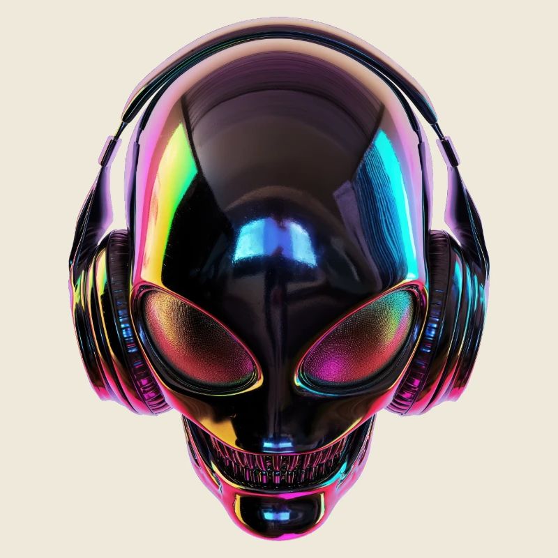 Schwarzer Alien-Kopf mit Kopfhörern