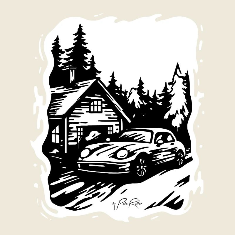 Haus oder Hütte im Wald mit Auto