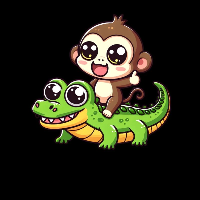Cute monkey rides crocodile