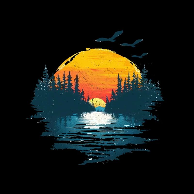 Motif Forêt Coucher De Soleil Et Oiseaux