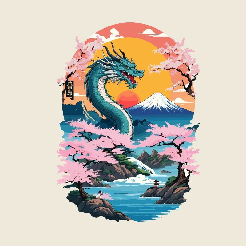 Cherry Blossoms Ukiyo-E Art Dragon Anime