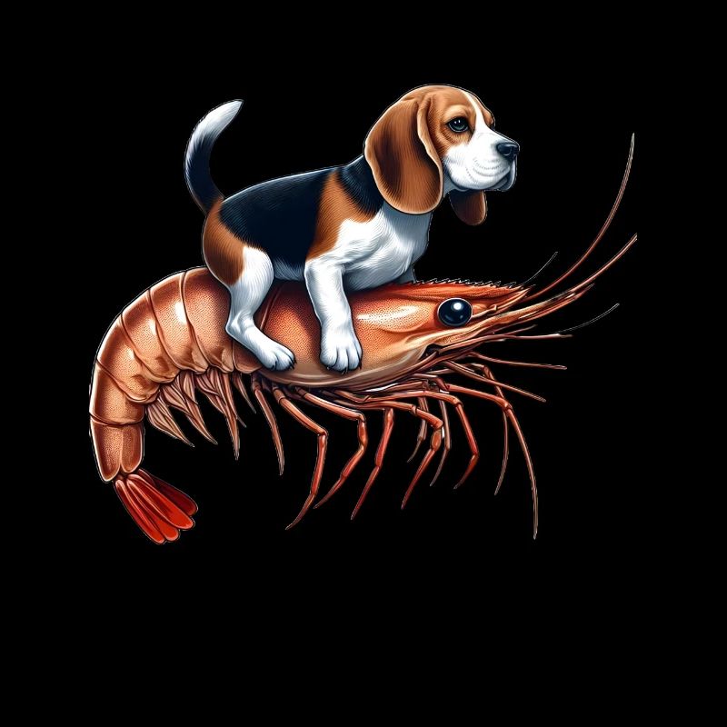 Beagle rides on shrimp