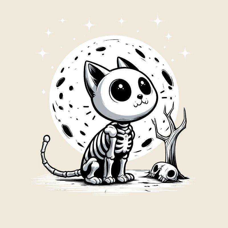 Joyeux Halloween Chat Pleine Lune Squelette Drôle