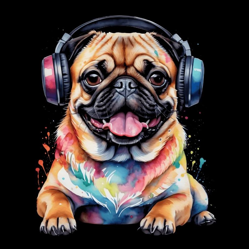 Mops Kopfhörer Hund Bunt Lustig Tier Design Print