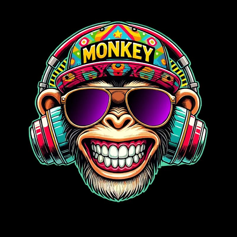 Cooler DJ Monkey Kopfhörer Bunter Retro-Stil