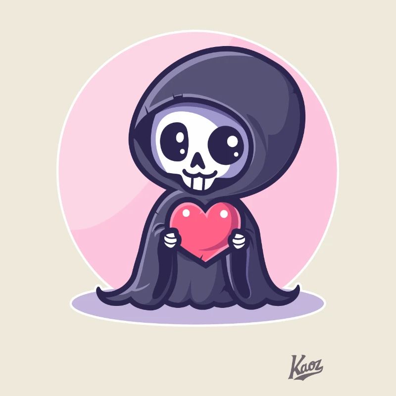 Kawaii mignon heureux Grim Reaper avec du cœur et de l’amour