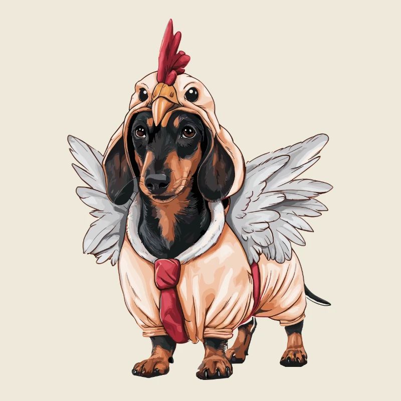 Teckel en costumes avec ailes de poulet