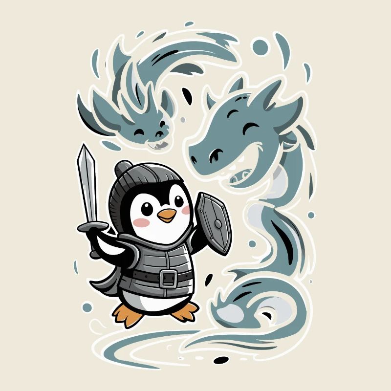 Niedlicher Ritter-Pinguin Mit Drachenfreunden