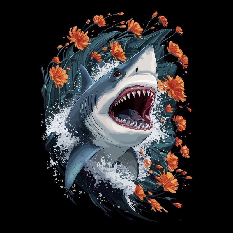 Shark with flowers and waves illustration