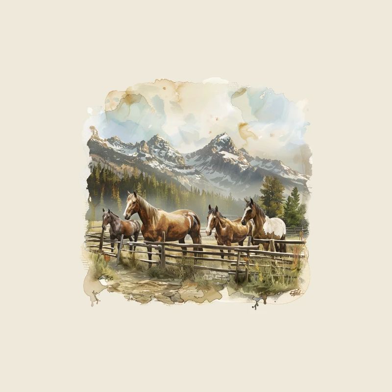 Cheval devant la peinture paysage de montagne