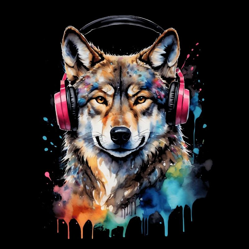 Wolf Kopfhörer Musik Bunt Tier Design Print