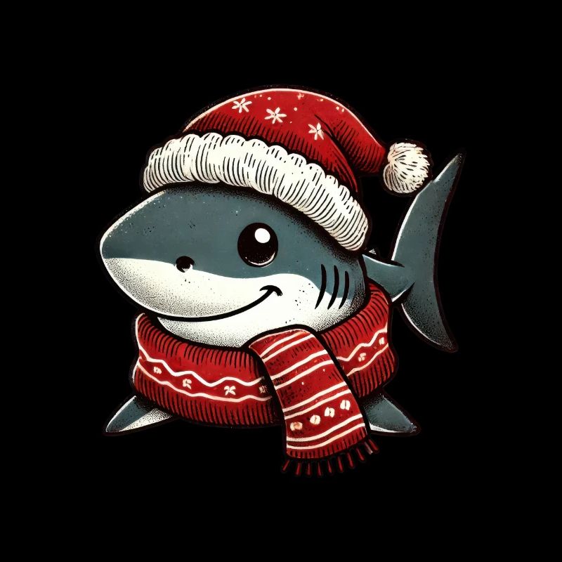 requin de Noël avec chapeau et écharpe