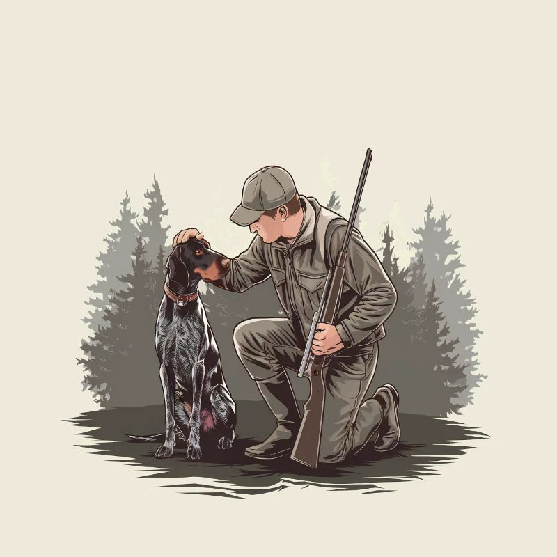 Hunter with dog in the forest motif