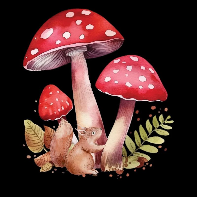 Niedliches Eichhörnchen mit roten Champignons Cute