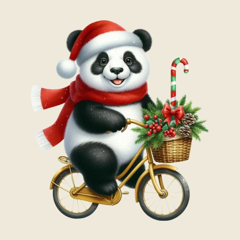 Panda de Noël à vélo avec écharpe et