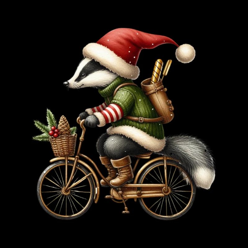 Cheerful Badger With Santa Hat On Bicycle