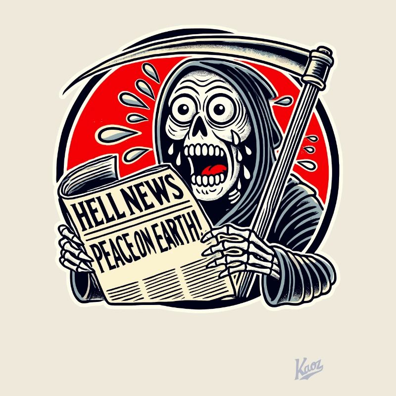 Sensenmann liest Zeitung, Frieden auf Erden