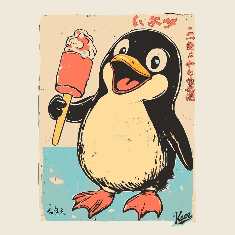 Retro Japan Edo Stil Pinguin mit Eiscreme