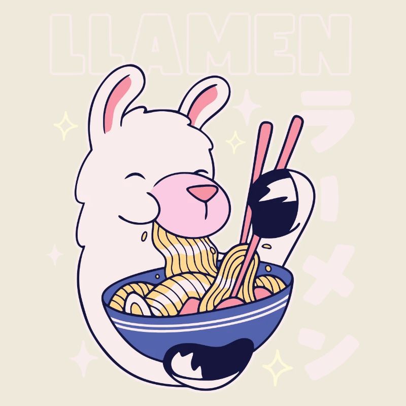 Llamen Kawaii Lama mangeant des ramen