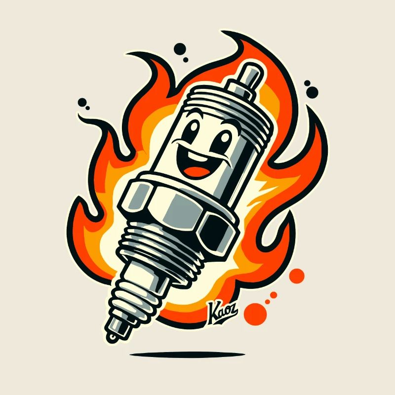 Cheerful spark plug on fire