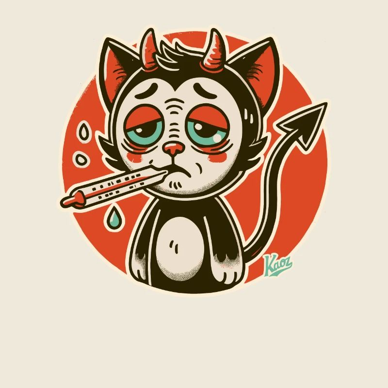 Little sick devil with fever thermometer