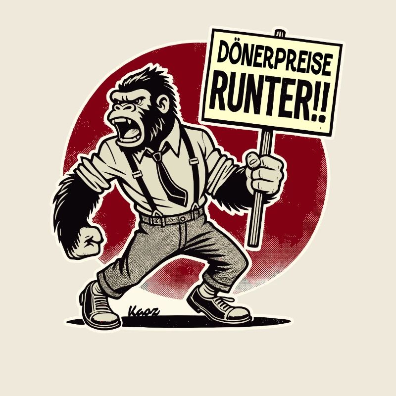 Gorilla mit Schild: Dönerpreise runter!