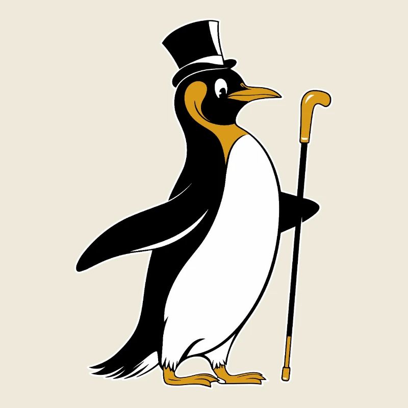 Pingouin élégant avec chapeau haut de forme et bâton de marche