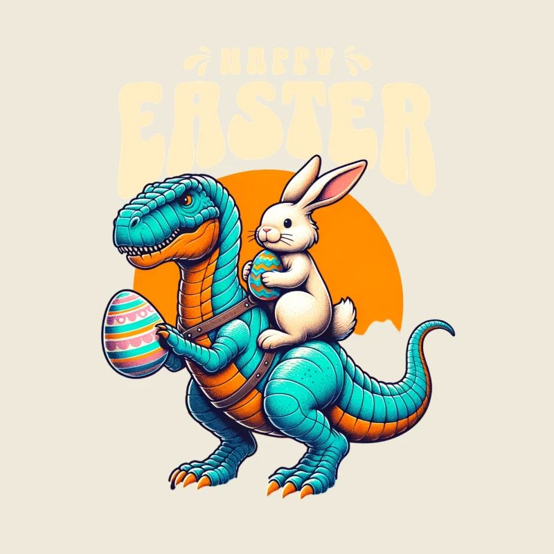 Easter Bunny Riding Dinosaur with Easter Egg