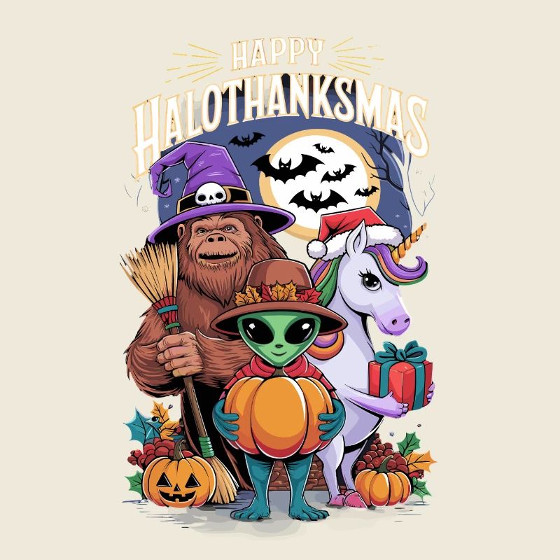Happy Halothanksmas Alien Unicorn Bigfoot