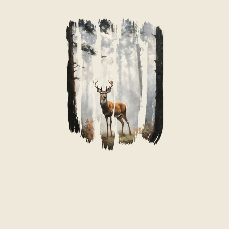 Triptych Deer in Misty Woods