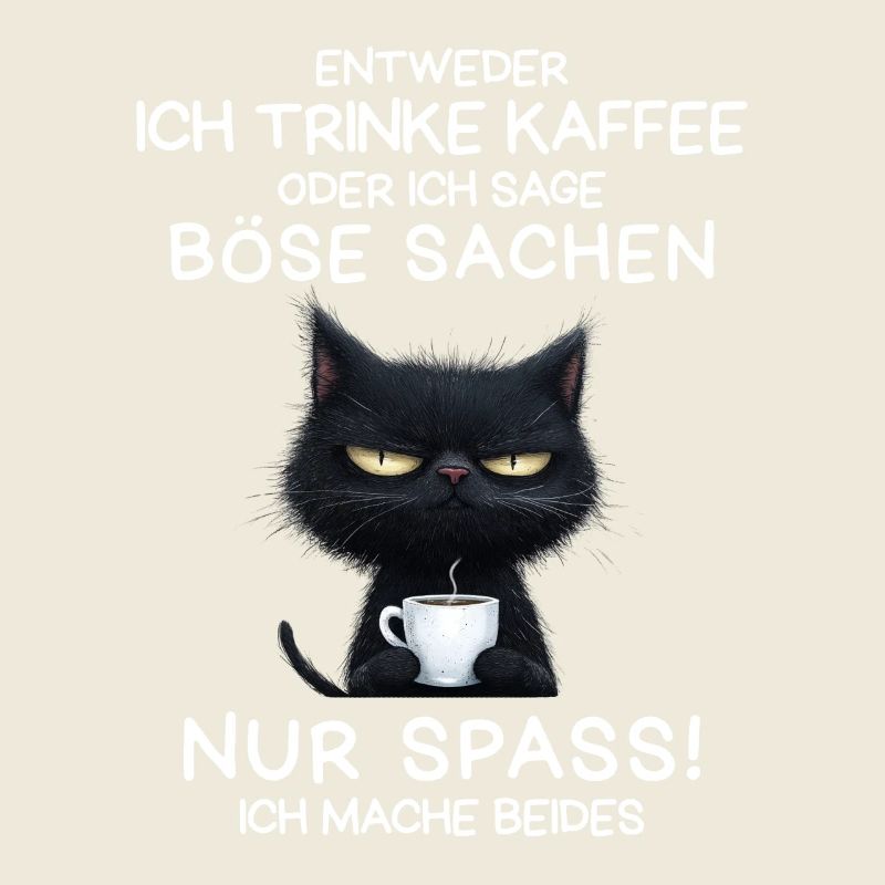 Schwarze Katze mit Kaffee und Todesblick