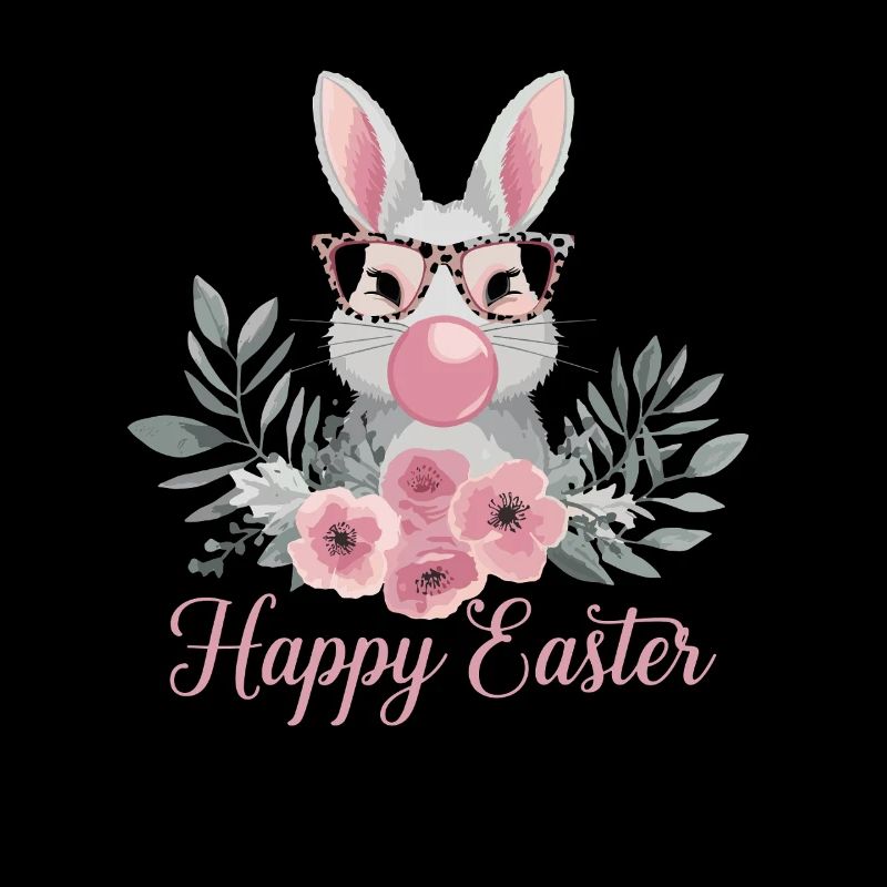 Joyeux lapin de Pâques avec des verres et des fleurs