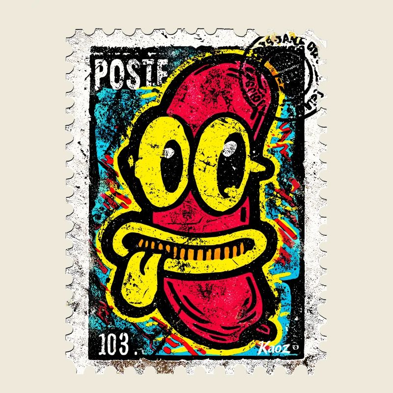Freche Comic-Wurst mit Zunge auf Briefmarke
