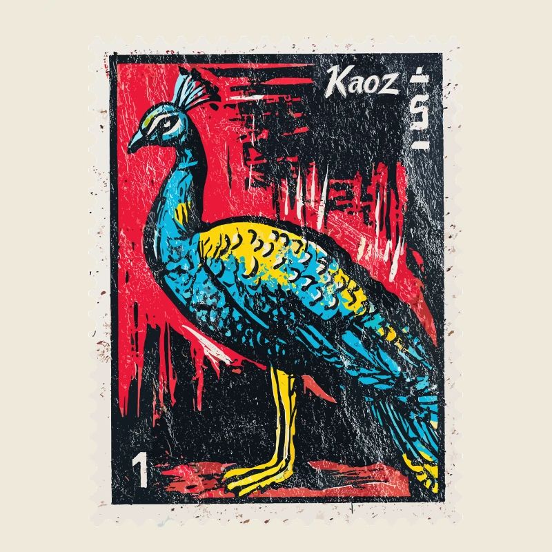 Peacock on stamp – elegant & colourful