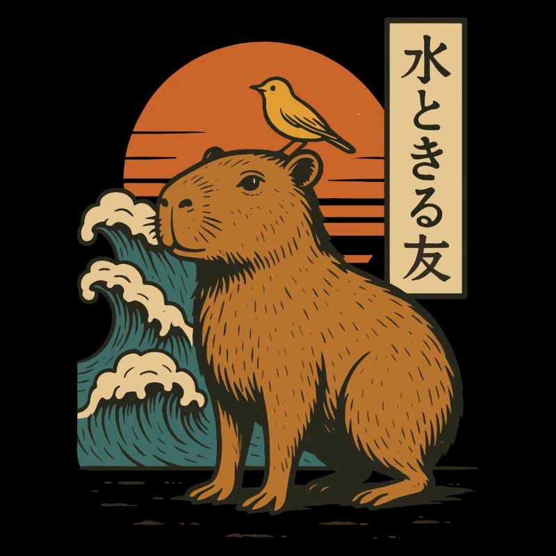 Capybara Bird Waves Sunset Japanese Wave Sunset