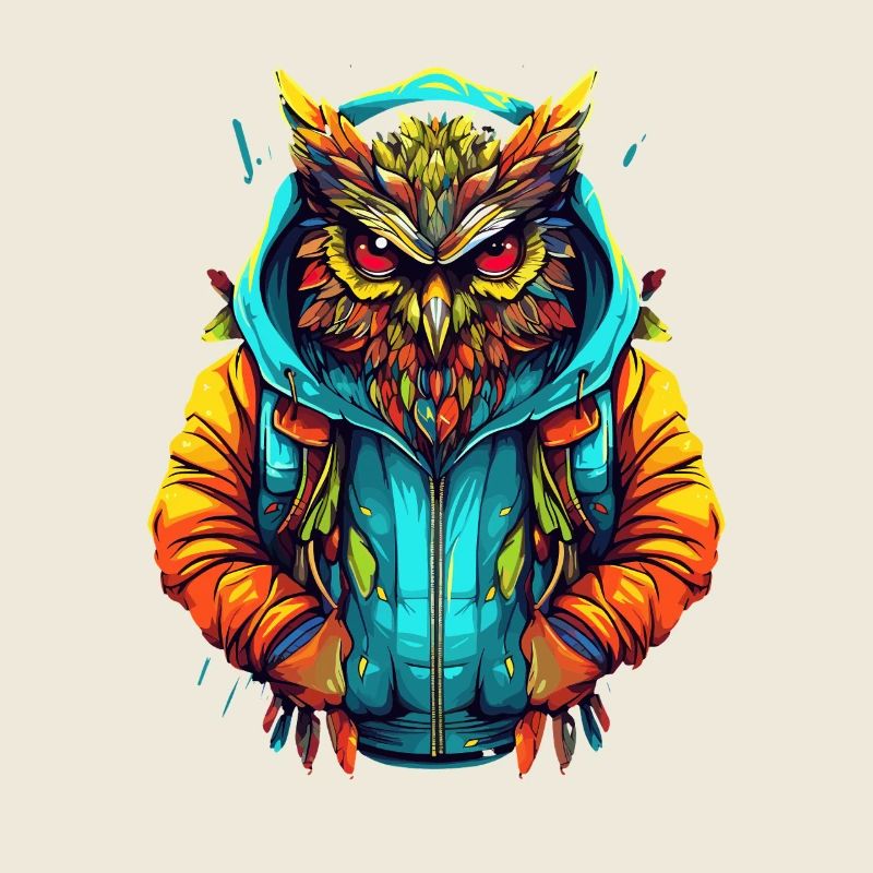 Hibou coloré avec capuche dans le style urbain