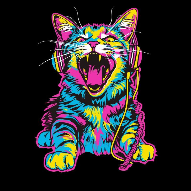 Chat coloré avec des écouteurs dans un style rétro