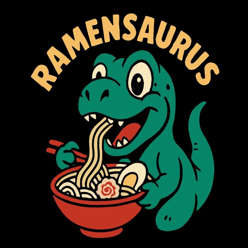 Drôle de dinosaure mangeant des nouilles ramen