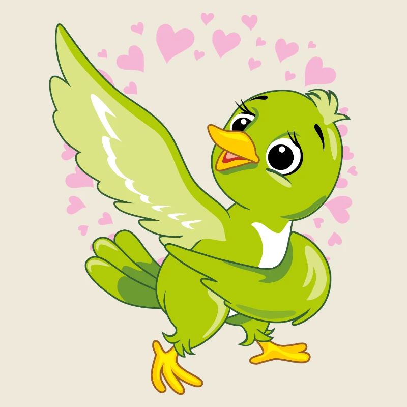Mignon oiseau vert heureux dans un halo de coeurs