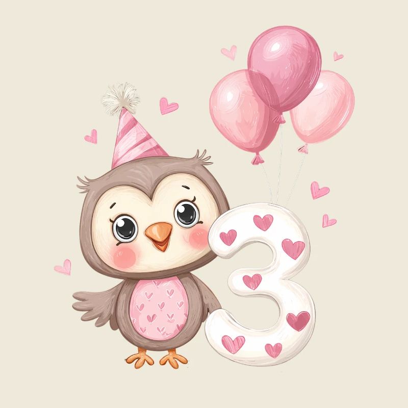 Eule zum dritten Geburtstag mit Luftballons