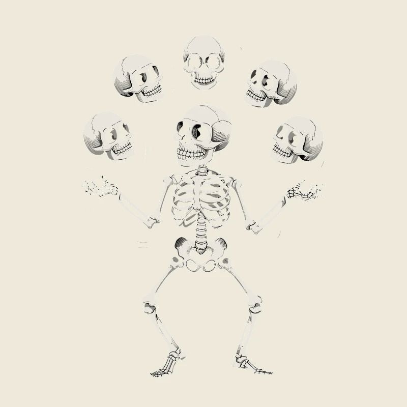 Skeleton juggling with skulls art