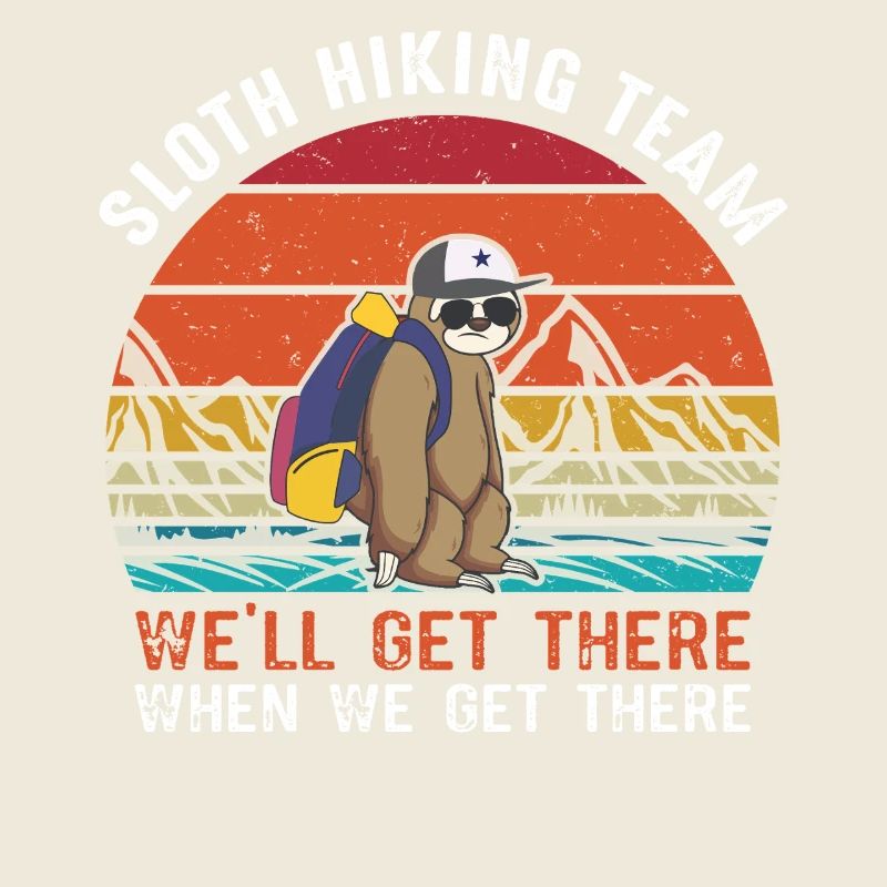 Sloth hiking team in retro sunset