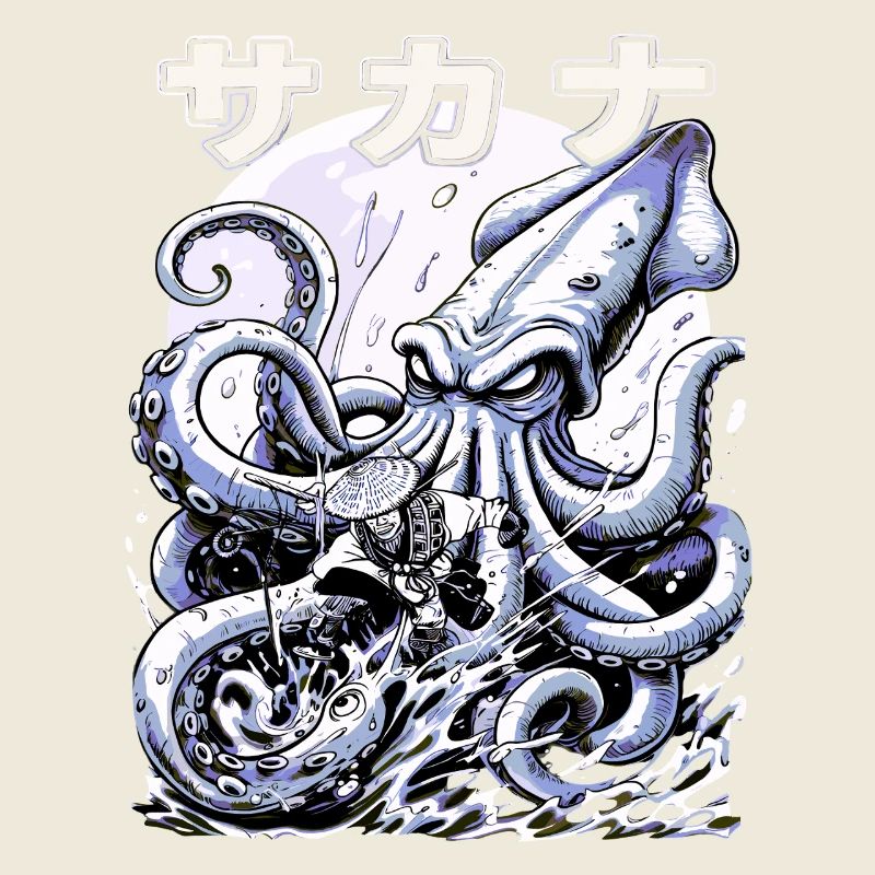 Combat contre le kraken du pêcheur japonais – Ukiyo-e Squid