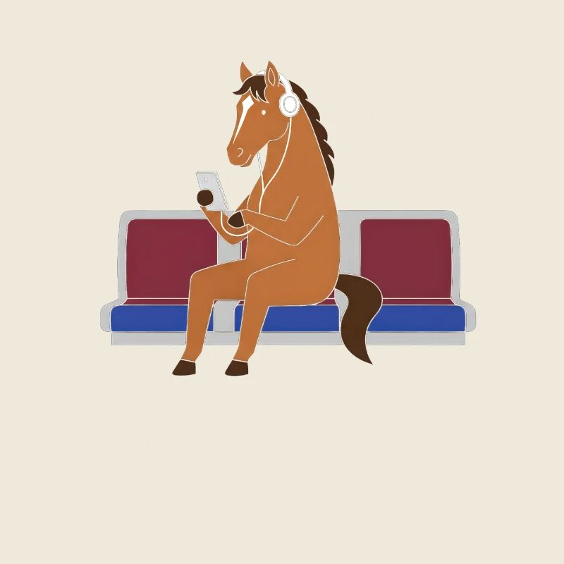 Pferd mit Kopfhörern in U-Bahn