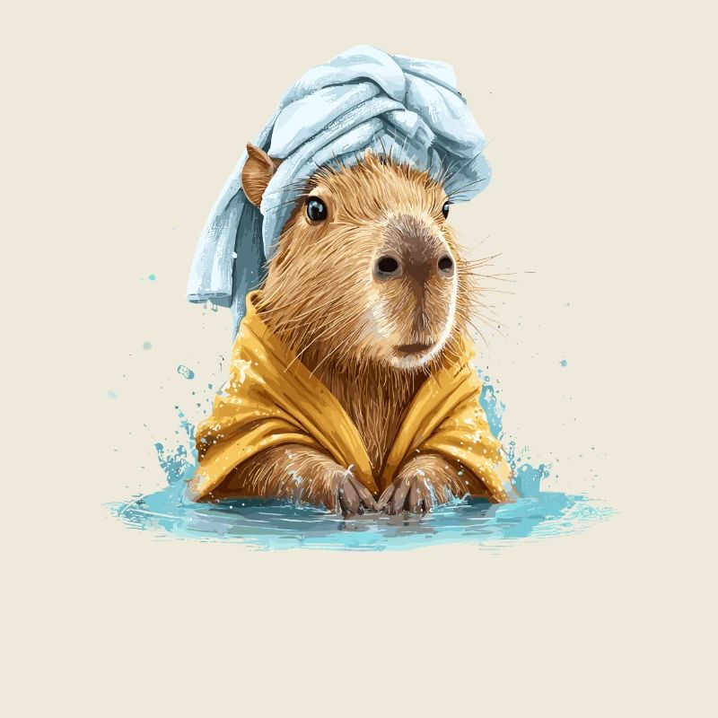 Kapybara in a bath towel and bathrobe
