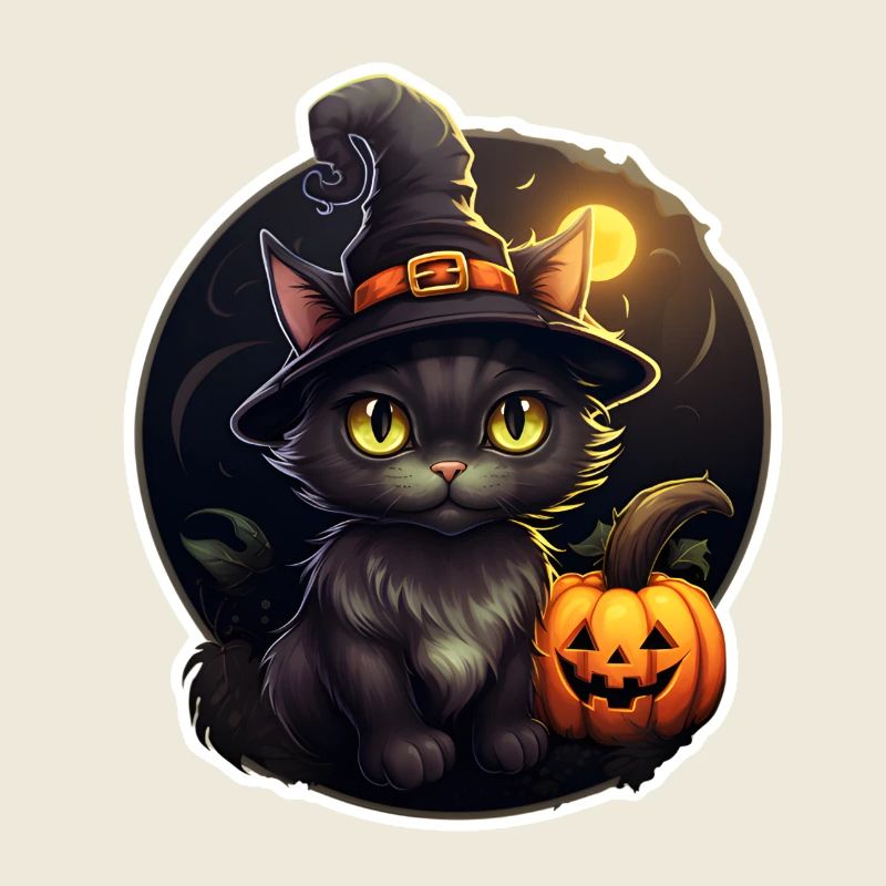 Halloween black cat with witch hat and pumpkin