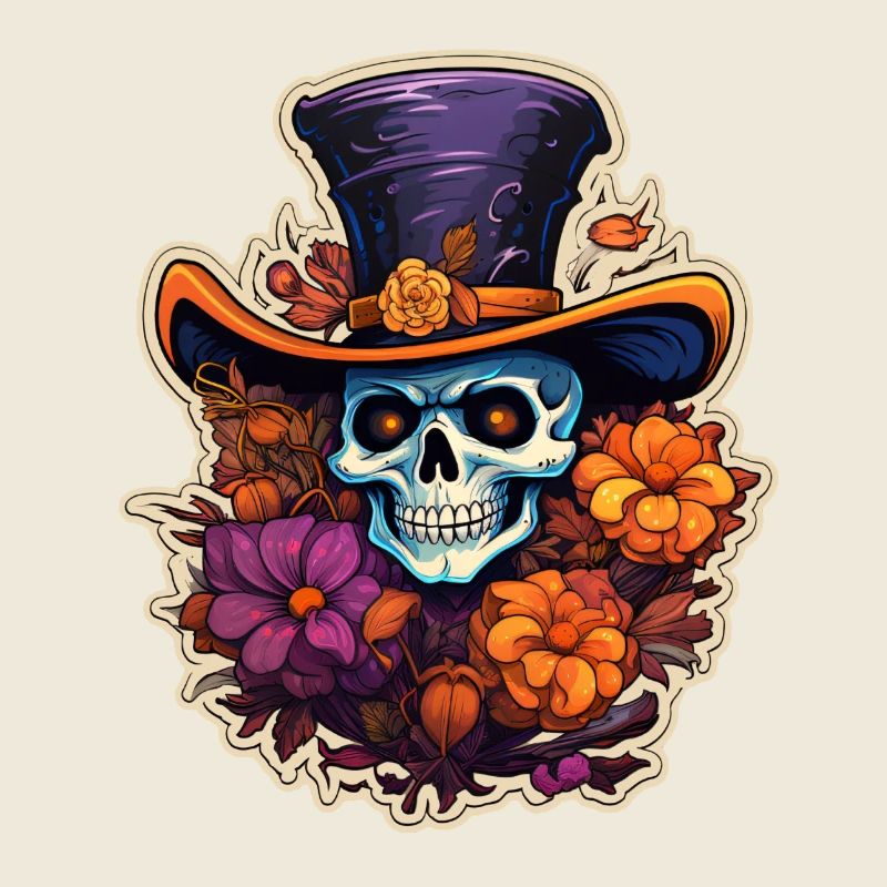 Tête de mort avec fleurs et chapeau Halloween
