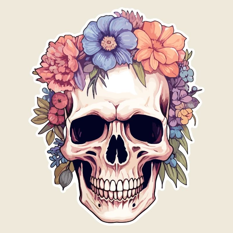 Crâne humain et fleurs 14