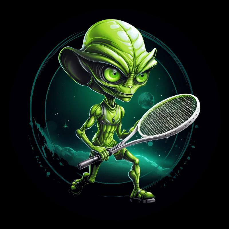Un extraterrestre vert joue au tennis spatial