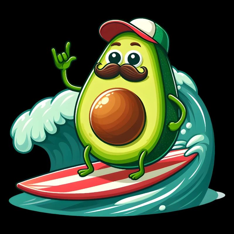 Surfende Avocado mit Schnurrbart